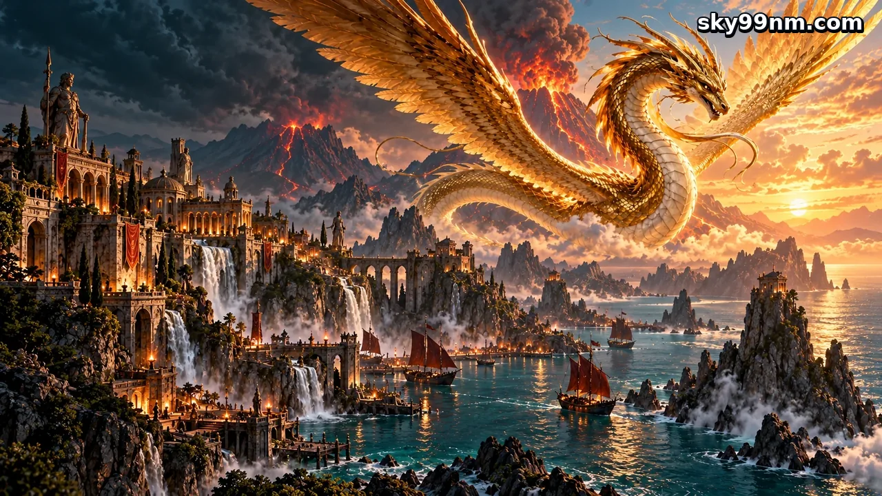 sky99 — Naga emas terbang di atas pelabuhan fantasi